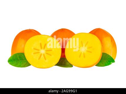 Persimmon Fruit Whole Halved Fruits Isolated On White Background. Persimmon Fruits Retouched Image. Stock Photo