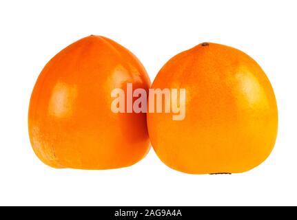 Two Persimmon Whole Fruit Closeup Isolated On White. Persimmon Retouched Image. Stock Photo