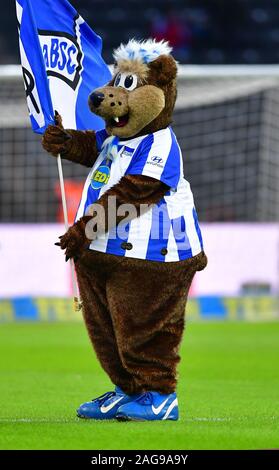 14 December 2019, Berlin: Soccer: Bundesliga, Hertha BSC - SC Freiburg, 15th matchday in the Olympic Stadium. Mascot Herthinho from Hertha. Photo: Soeren Stache/dpa-Zentralbild/dpa - IMPORTANT NOTE: In accordance with the requirements of the DFL Deutsche Fußball Liga or the DFB Deutscher Fußball-Bund, it is prohibited to use or have used photographs taken in the stadium and/or the match in the form of sequence images and/or video-like photo sequences. Stock Photo