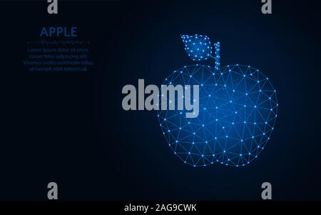 Apple low poly design, Fruit wireframe mesh polygonal vector illustration made from points and lines on dark blue background Stock Vector