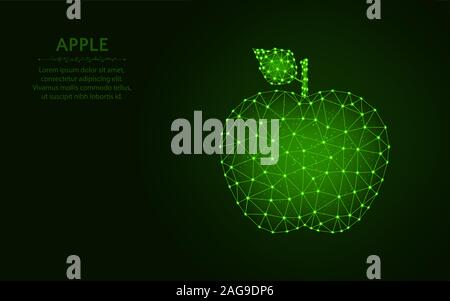 Apple low poly design, Fruit wireframe mesh polygonal vector illustration made from points and lines on dark green background Stock Vector