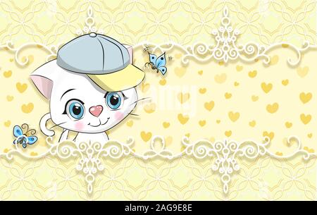 3d wallpaper, cute baby background with cat. Baby cards. Stock Photo