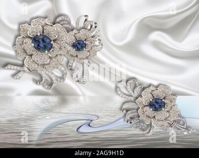 3d wallpaper, jewelry flowers on white silk will expand visually room, make room lighter and become a good accent in the interior. Stock Photo