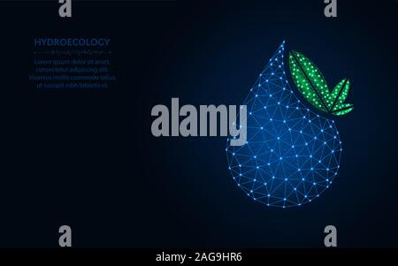 Water drop low poly design, Ecology wireframe mesh polygonal vector illustration made from points and lines on dark blue background Stock Vector