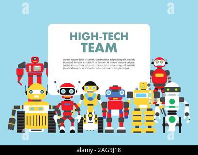 Group of different abstract robots standing together on blue background in flat style. High-tech team concept. Flat design characters. Vector Stock Vector