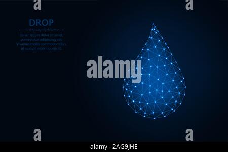 Drop low poly design, Water wireframe mesh polygonal vector illustration made from points and lines on dark blue background Stock Vector
