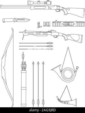 Set of different silhouettes hunting weapons and objects flat linear vector icons isolated on white background. Vector illustration. Stock Vector
