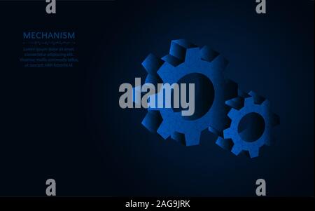 Mechanism low poly design, cogwheel wireframe mesh polygonal vector illustration made from points and lines on dark blue background Stock Vector