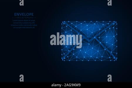 The envelope low poly design, mail, letter wireframe mesh polygonal vector illustration made from points and lines on dark blue background Stock Vector