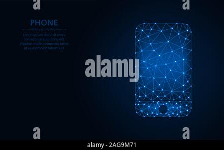 Smartphone low poly design, mobile phone wireframe mesh polygonal vector illustration made from points and lines on dark blue background Stock Vector