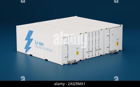 Battery energy storage facility made of shipping containers. 3d rendering. Stock Photo