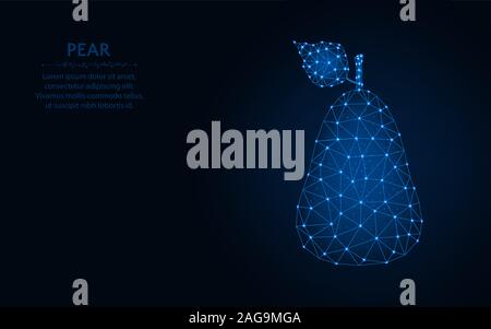 Pear low poly design, Fruit wireframe mesh polygonal vector illustration made from points and lines on dark blue background Stock Vector