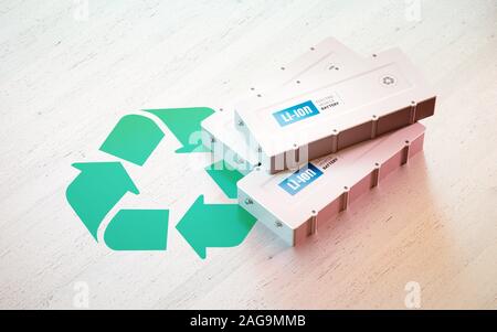 Li-Ion electric vehicle battery recycling concept. Recycle symbol with EV batteries on wooden desk. 3d rendering. Stock Photo