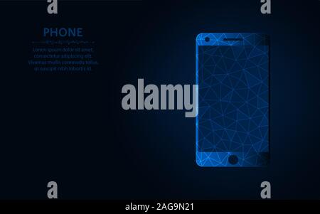 Smartphone low poly design, mobile phone wireframe mesh polygonal vector illustration made from points and lines on dark blue background Stock Vector