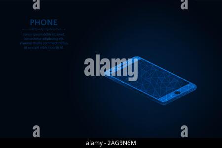 Smartphone low poly design, mobile phone wireframe mesh polygonal vector illustration made from points and lines on dark blue background Stock Vector