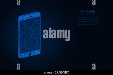Smartphone low poly design, mobile phone wireframe mesh polygonal vector illustration made from points and lines on dark blue background Stock Vector