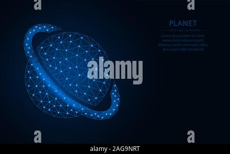 Planet with a ring low poly design, Space wireframe mesh polygonal vector illustration made from points and lines on dark blue background Stock Vector
