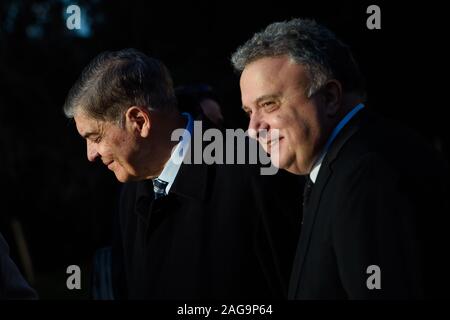 18 December 2019, Berlin: Romani Rose (l-r), Chairman of the Central Council of the German Sinti and Roma, and Jeremy Issacharoff, Ambassador of the State of Israel, come to a wreath-laying ceremony at the Memorial to the Sinti and Roma of Europe murdered under National Socialism. Photo: Gregor Fischer/dpa Stock Photo