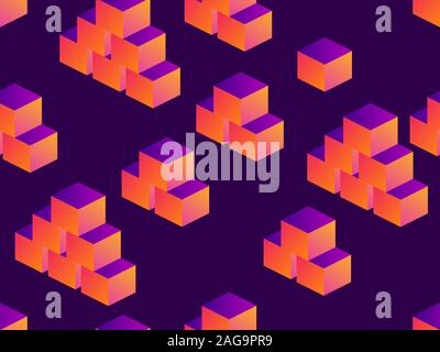Cubes isometric seamless pattern with gradient on a dark purple background. Vector illustration Stock Vector