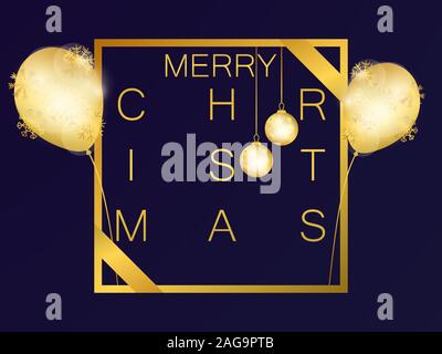 Merry Christmas frame with golden balloons and christmas balls. Greeting card design template with gold gradient. Vector illustration Stock Vector