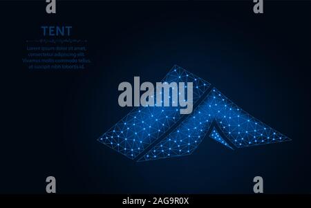 Tent low poly design, Camping wireframe mesh polygonal vector illustration made from points and lines on dark blue background Stock Vector