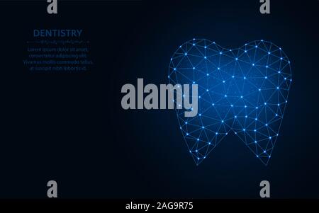 Tooth low poly design, Dentistry wireframe mesh polygonal vector illustration made from points and lines on dark blue background Stock Vector