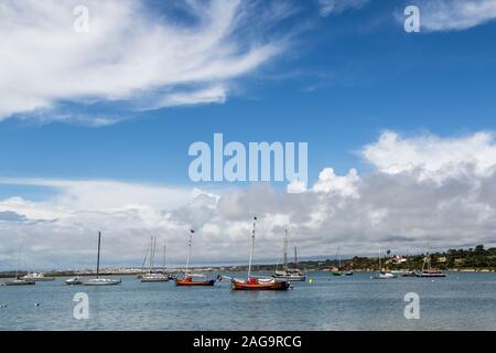 Boats moored in harbour, Alvor, Algarve, Portugal Stock Photo