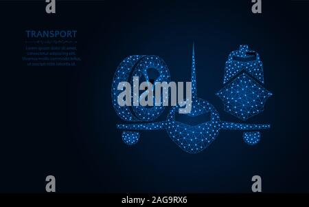 Transport low poly design, plane, ship and wheel wireframe mesh polygonal vector illustration made from points and lines on dark blue background Stock Vector