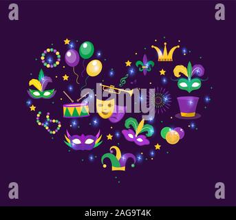 Mardi Gras icon set in heart shape. Template for greeting card, poster, flyer. Love, romance collection. Vector illustration Stock Vector