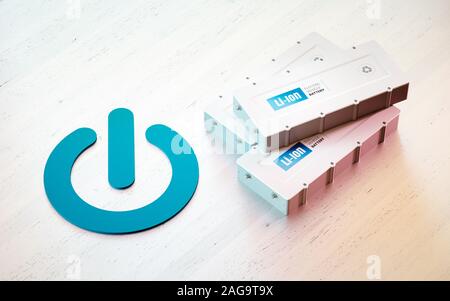 Li-Ion electric vehicle battery start concept. Start button symbol with EV batteries on wooden desk. 3d rendering. Stock Photo
