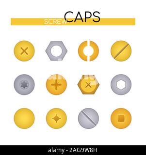 Screw caps collection - set of vector flat design style elements Stock Vector