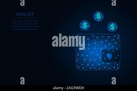 Wallet with coins low poly design, save money wireframe mesh polygonal vector illustration made from points and lines on dark blue background Stock Vector