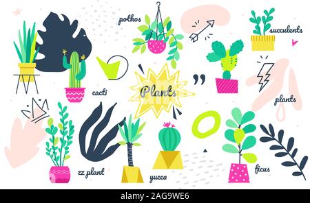 Potted plants collection - set of bright vector elements Stock Vector