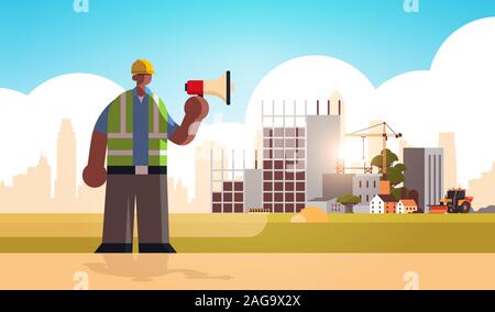 male builder holding megaphone busy workman using loudspeaker making announcement industrial worker in uniform building concept construction site background flat full length horizontal vector illustration Stock Vector