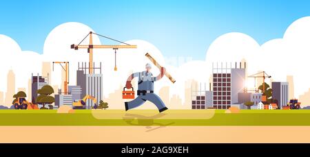 male builder carrying toolbox and carpenter level african american busy workman running pose building concept construction site background flat full length horizontal vector illustration Stock Vector