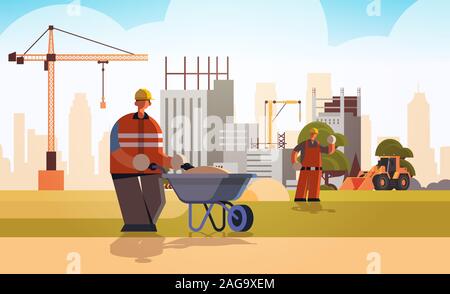 builder pushing wheelbarrow with sand busy workman in protective uniform and helmet industrial worker building concept construction site background flat full length horizontal vector illustration Stock Vector