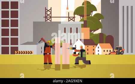 builders couple using drill and hummer mix race workmen carpenters team drilling hole hammering nail in wooden plank building concept construction site background full length horizontal vector illustration Stock Vector