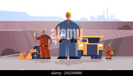 builders workmen using wrench and jackhammer industrial construction workers in uniform near mining transport building coal mine production concept opencast stone quarry background full length vector illustration Stock Vector