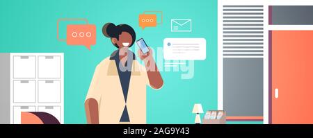 businessman talking on mobile phone african american business man chat bubble speech communication concept modern office interior flat portrait horizontal vector illustration Stock Vector