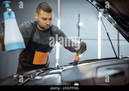 Man performs a professional car cleaning, washing engine with brush and detergent at the service station Stock Photo