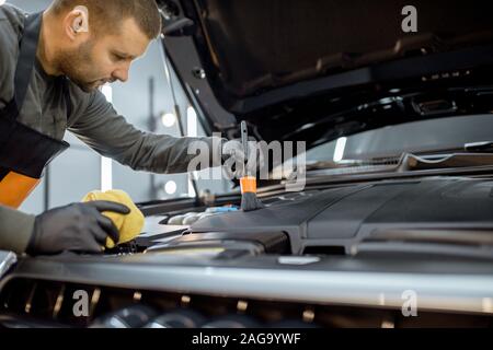 Man performs a professional car cleaning, washing engine with brush and detergent at the service station Stock Photo