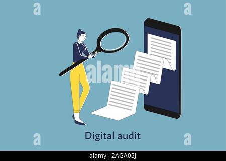 Businesswoman is looking through magnifier to document coming from big smart phone, stock flat illustration, digital audit concept. Stock Vector