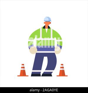 male builder wearing hard hat busy workman standing pose industrial construction worker in uniform building concept flat full length vector illustration Stock Vector