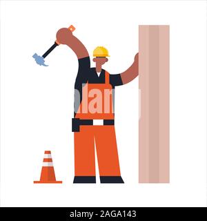 male builder using hammer busy african maerican workman industrial construction carpenter worker in uniform hammering a nail in wooden plank building concept flat full length vector illustration Stock Vector