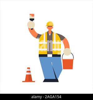 male builder painter holding paint brush and bucket busy workman decorator in protective uniform and helmet industrial construction worker building concept flat full length vector illustration Stock Vector