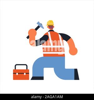 male builder using hammer and toolbox busy workman industrial construction carpenter worker in uniform building concept rear view flat full length vector illustration Stock Vector