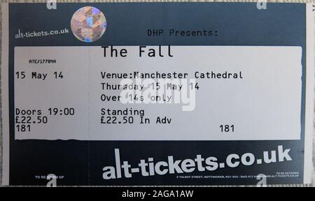 Ticket Alt-Tickets to see Mark E Smith & The Fall perform 15/05/2014 Manchester Cathedral gig Stock Photo