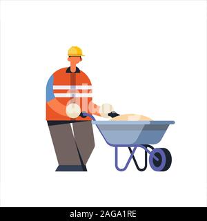 male builder pushing wheelbarrow with sand busy workman in protective uniform and helmet industrial construction worker building concept flat full length vector illustration Stock Vector