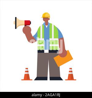 male builder holding megaphone busy workman using loudspeaker making announcement industrial construction worker in uniform building concept flat full length vector illustration Stock Vector