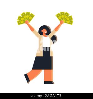 excited businesswoman holding raised dollar cash money rich business woman standing pose financial success concept female office worker in formal wear flat full length vector illustration Stock Vector